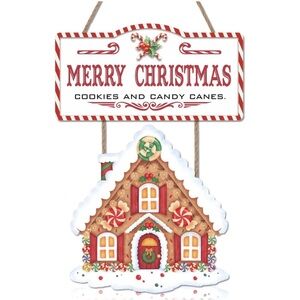 Christmas Gingerbread House Wooden Hanging Sign Decor 17”x12” 2 Pc Wall Art NIP